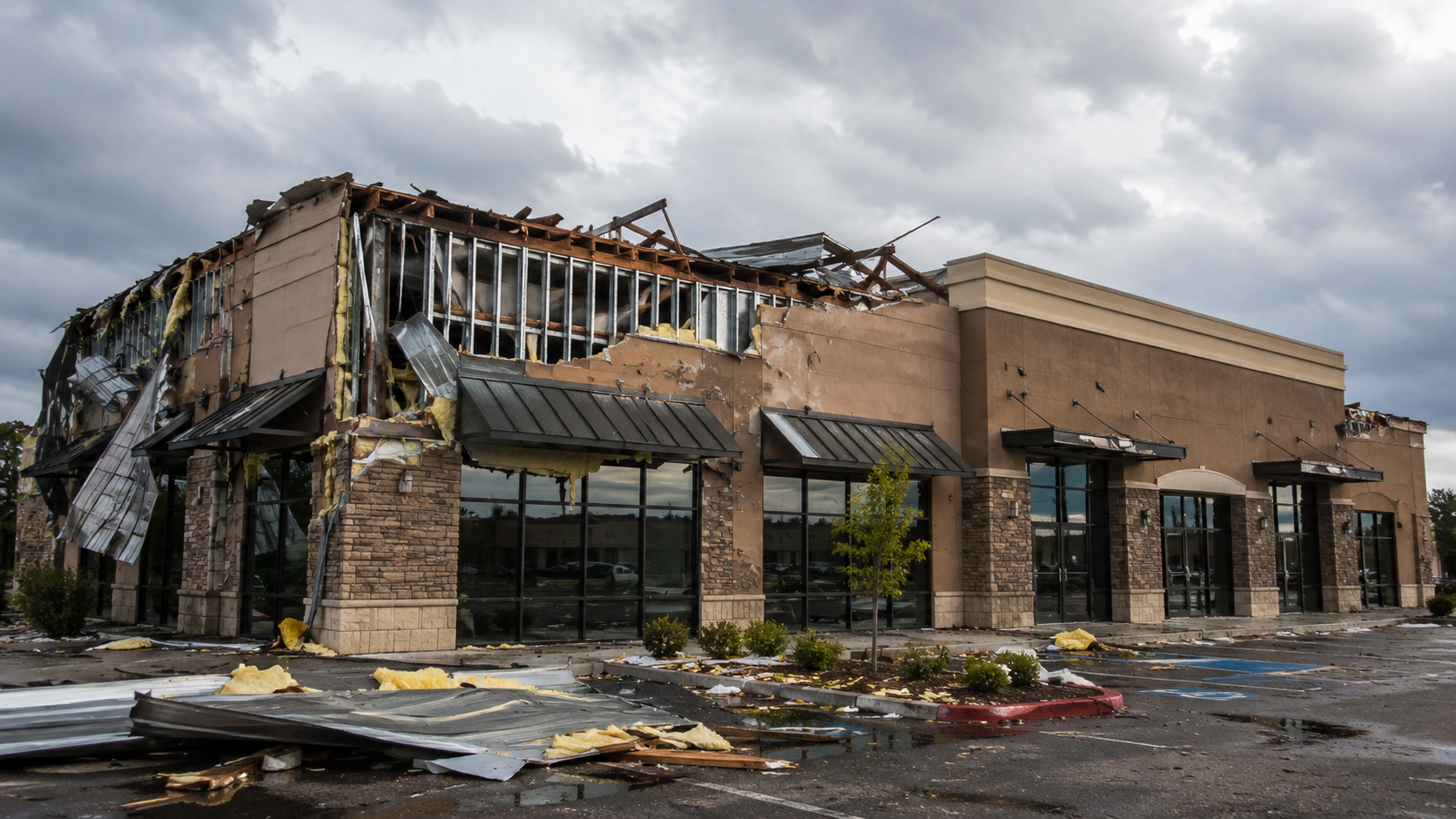 Storm-damaged commercial building exterior