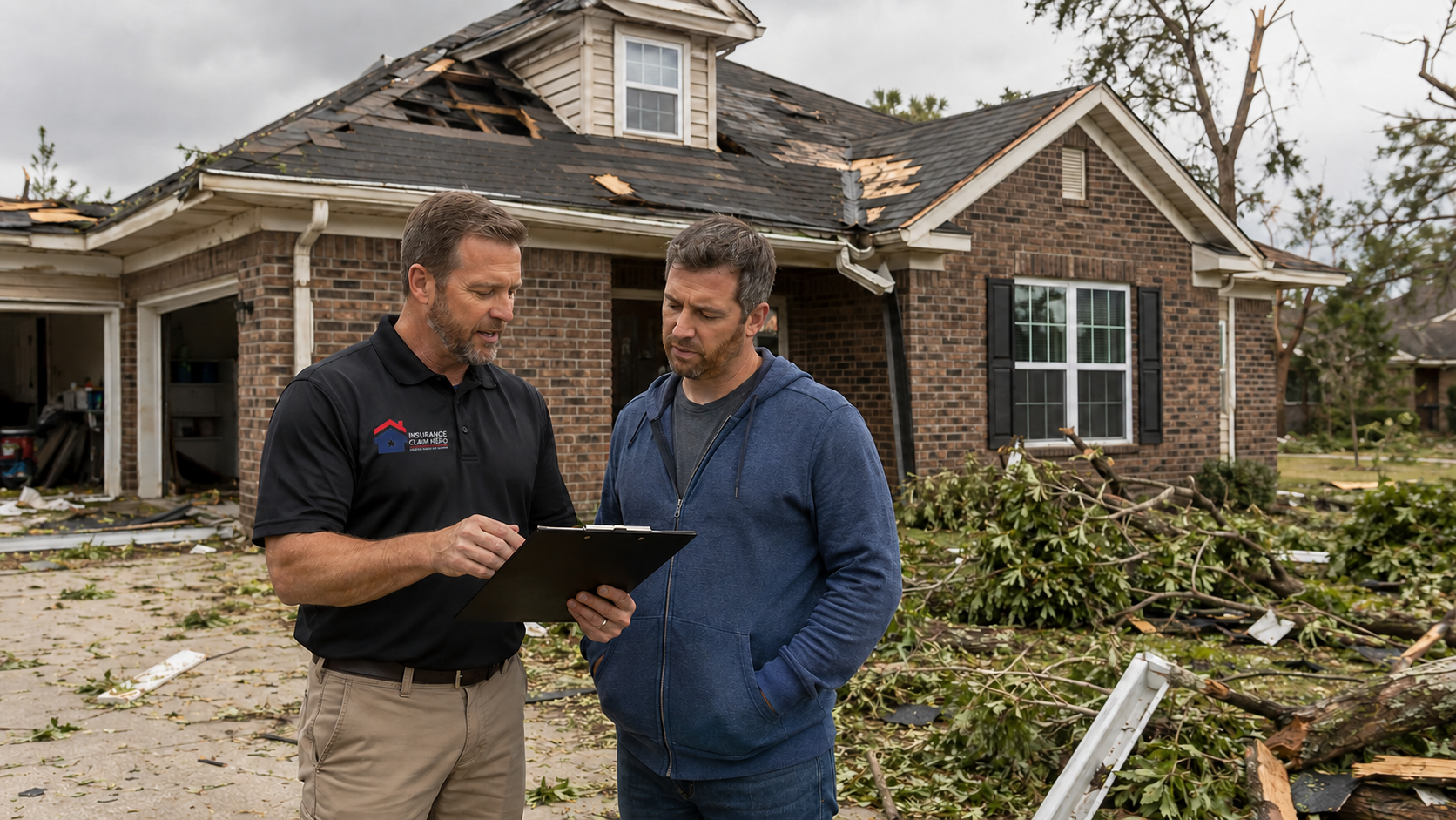 A licensed public adjuster reviewing storm damage with a homeowner